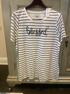Lane Bryant White and Navy Striped 'Blessed' Sequin Tee